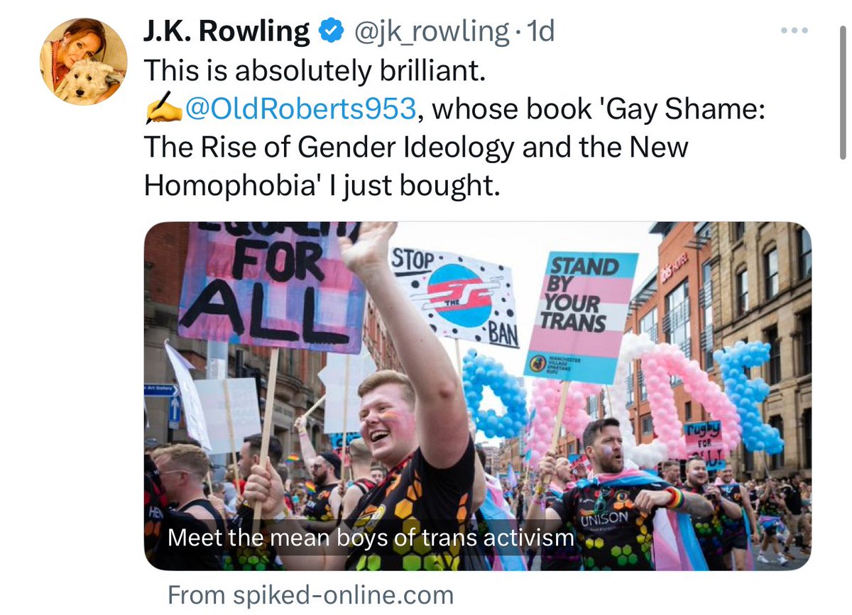 Ah, yes.  Self-proclaimed “ally” @jk_rowling once again platforming a known homophobic publication because it agreed with her on transphobia.

When you have allies like Rowling, who needs enemies?