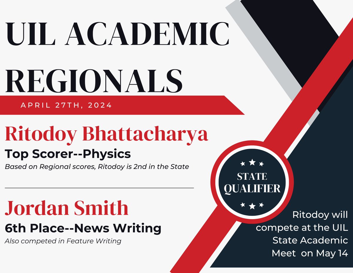 Academic UIL is a great way to compete and earn scholarship money. Two LCHS students recently competed in the regional UIL competition, and Ritodoy will be moving on to State Competition in May!