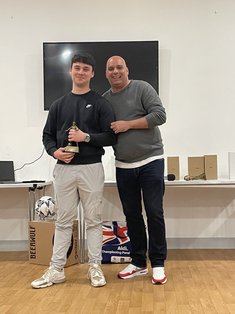 Longmelfordfc's tweet photo. The next 2 awards Supporters player and players player were won by a player that doesn’t stop the fight to win the ball and goes for any tackle that is needed again a strong left wing, sadly he wasn’t at the awards so his brother picked them up for him 
Congratulations @judgey_B https://t.co/0eFFzbaS4A
