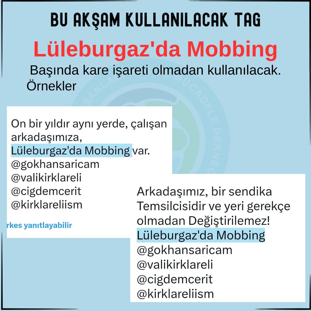 SA-HA DER üye ve temsilcilerinin yanında. Lüleburgaz'da Mobbing e hayır diyor Dayanışmaya ben nasıl destek olurum diyenler için twitter etkinlik bilgilendirme @SaHaDernegi
