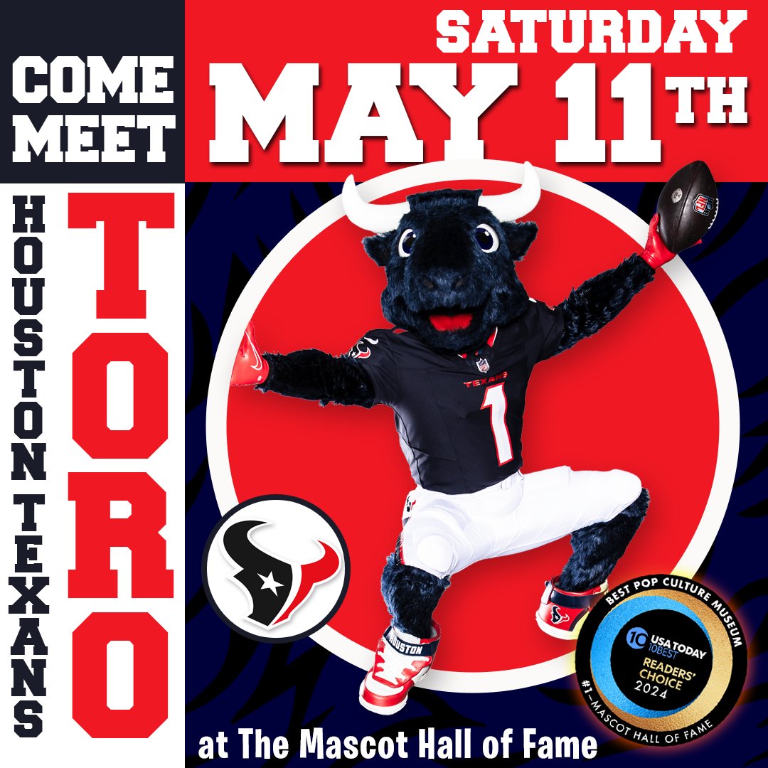 DON'T FURGET!
Mark your calendars and make plans to be here on Saturday, May 11th!  The wait will soon be over and the long awaited appearance of @TexansTORO1  from the @HoustonTexans will be making his debut appearance at the MHOF!

Tickets:
mascothalloffame.com/event/meet-the…