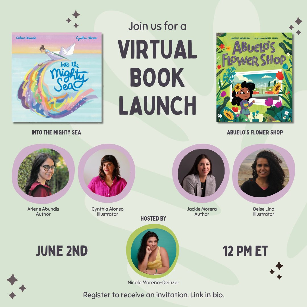 📣 You’re invited to a Virtual Launch Party!! Join @ArleneAbundis @cyndoor @deise_lino and @jmorerabooks on June 2nd @ 12pm ET as we chat about our picture books 🌊 Into The Mighty Sea and 🌸 Abuelo’s Flower Shop. RSVP: bit.ly/3Uvvn7W @BeamingBooksMN @HarperChildrens