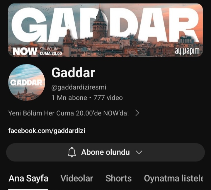 #ÇağatayUlusoy'un başrolde yer aldığı #Gaddar dizisinin youtube sayfası 1 milyon aboneye ulaştı.