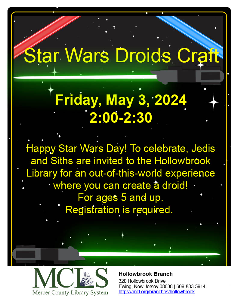 Celebrate #StarWarsDay by making a droid at the #HollowbrookBranch!

#droids #mcls #njlibraries