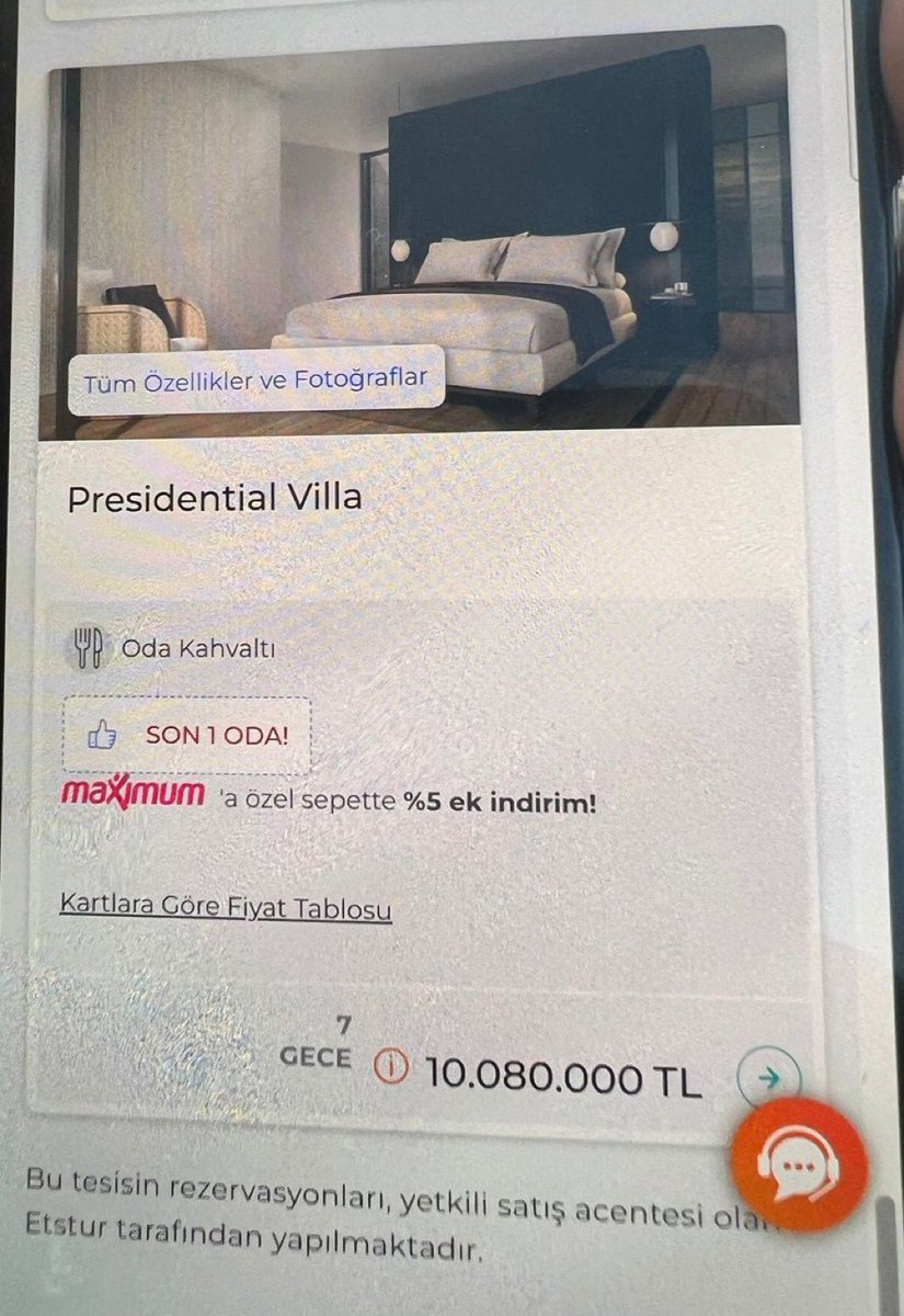 Kültür ve Turizm Bakanı Mehmet Nuri Ersoy'un oteli Presidential Villa’nın bir odasının 7 gecelik, %5 indirimli fiyatı: 10.080.000 ₺

Onmilyonseksenbin Türk Lirası.