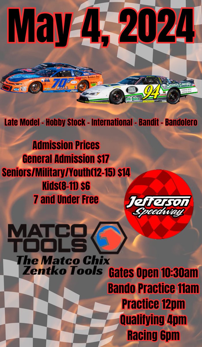 Join us this Saturday night for our season opener presented by Matco Tools - The Matco Chix - Zentko Tools! Qualifying at 4pm and the first green flag drops at 6pm!