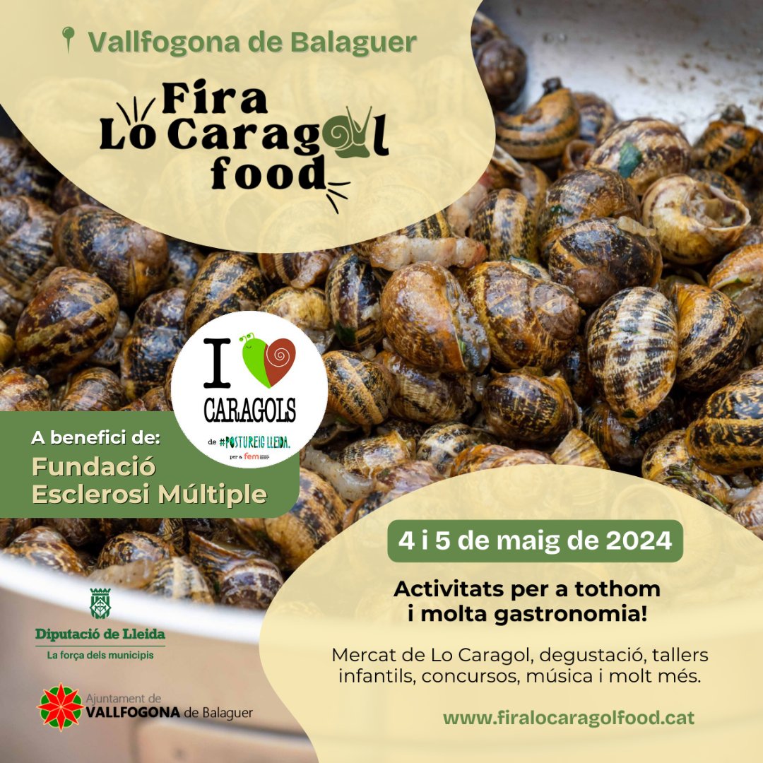 Aquest cap de setmana, 4 i 5 de maig, nova edició de la #FiraLoCaragolFood a #VallfogonaDeBalaguer! Han col·laborat generosament amb la causa #ILoveCaragols de la @FundacioEM, i jo hi seré lo diumenge fent de jurat dels Millors Caragols de l'Oest 2024. Animeu-vos-hi!!! 🐌🐌🐌
