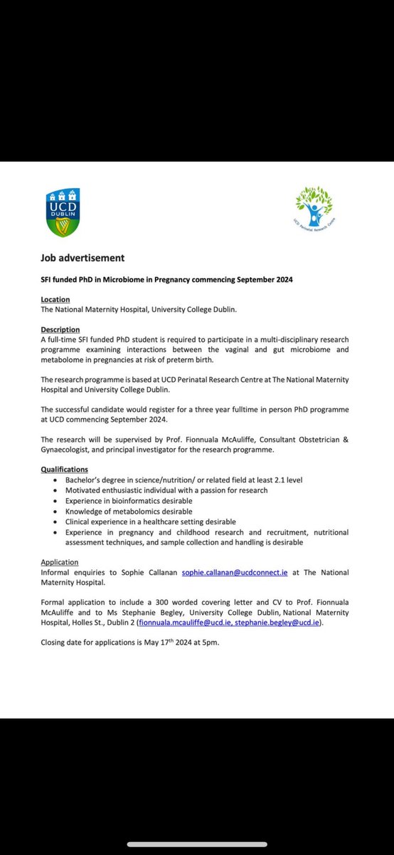 Fionnuala McAuliffe NMH & UCD (@proffmcauliffe) on Twitter photo We’ve got a fantastic PhD opportunity <a href="/UCDPerinatal/">UCD Perinatal Research Centre</a> on Microbiome in Pregnancy ⭐
Full details for this exciting PhD opportunity are below.
#jobfairy #pregnancy #microbiome #irishresearch #phdlife <a href="/ProfFMcAuliffe/">Fionnuala McAuliffe NMH & UCD</a> <a href="/ucddublin/">University College Dublin</a> <a href="/UCDMedicine/">UCD Medicine</a> We’ve got a fantastic PhD opportunity <a href="/UCDPerinatal/">UCD Perinatal Research Centre</a> on Microbiome in Pregnancy ⭐
Full details for this exciting PhD opportunity are below.
#jobfairy #pregnancy #microbiome #irishresearch #phdlife <a href="/ProfFMcAuliffe/">Fionnuala McAuliffe NMH & UCD</a> <a href="/ucddublin/">University College Dublin</a> <a href="/UCDMedicine/">UCD Medicine</a>