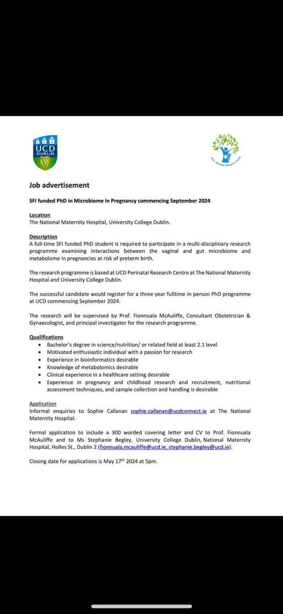 We’ve got a fantastic PhD opportunity @UCDPerinatal on Microbiome in Pregnancy ⭐ 

Full details for this exciting PhD opportunity are below.

#jobfairy #pregnancy #microbiome #irishresearch #phdlife @ProfFMcAuliffe ⁦⁦@ucddublin⁩ ⁦@UCDMedicine⁩