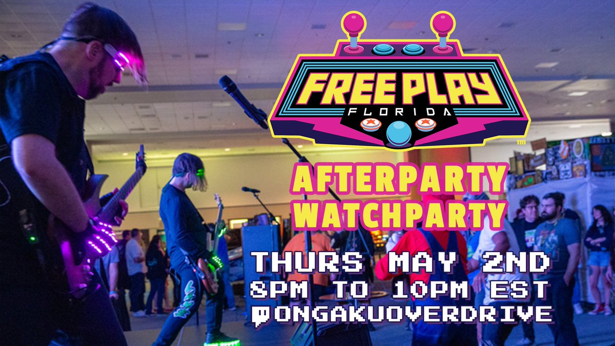 This Thursday on Twitch! The world can finally see our first show at a convention, with @LameGenieVGM and @trashburgerband tearing it up at the @FreePlayFla Afterparty. This will get you ready for FPF 2024! Details: ongakuoverdrive.com/2024/04/29/fre…