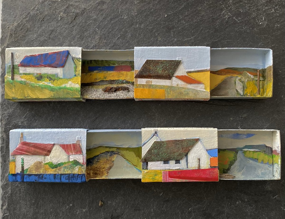 In the studio - acrylic, collage and Scottish souvenir matchboxes #repurpose #recycle #reuse