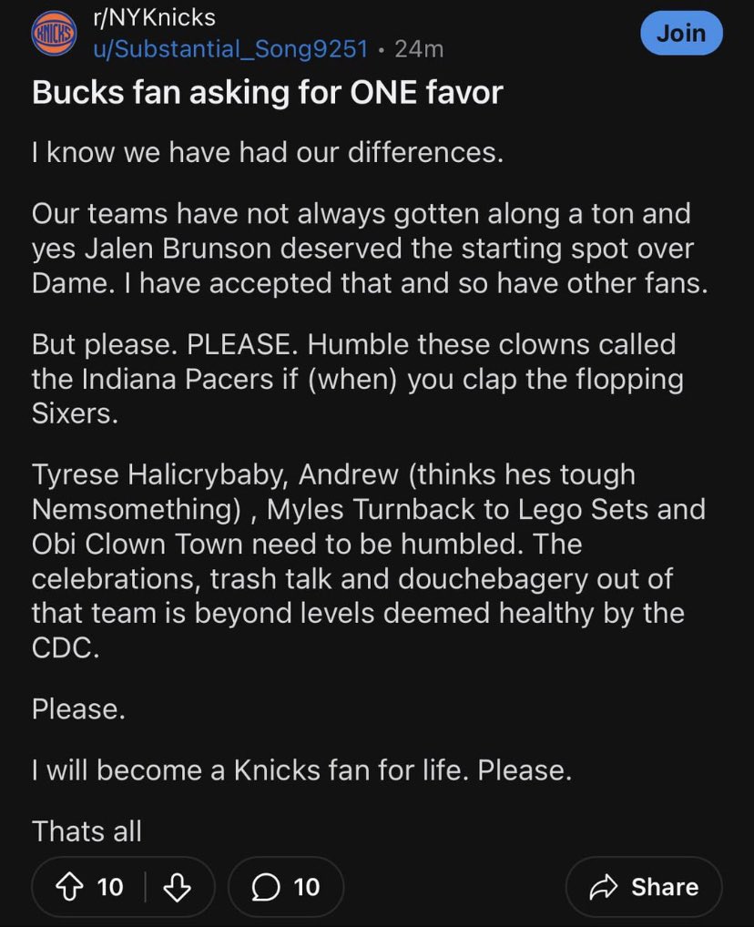 This Bucks fan came into Knicks Reddit with one simple request… humble the Pacers! (via @KamitronPTW + r/nyknicks)