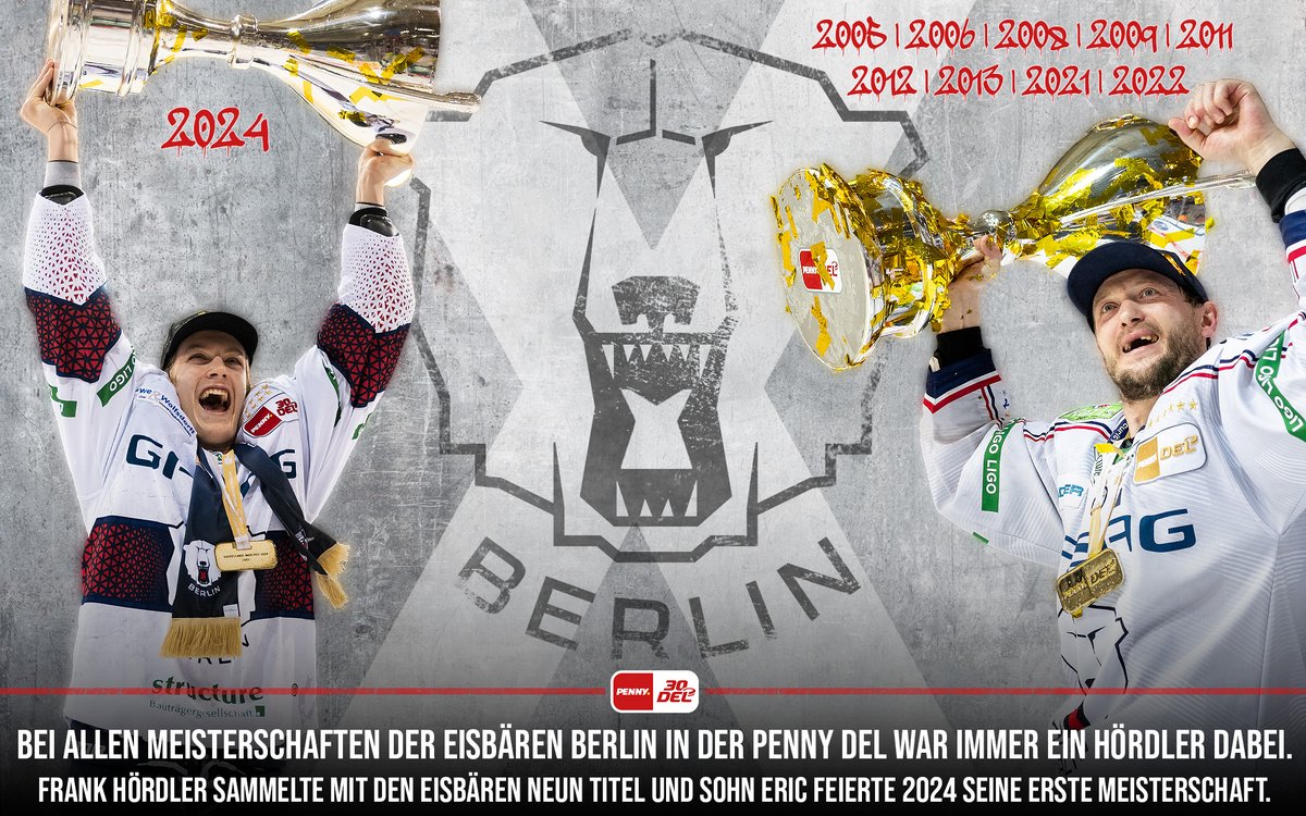 Ohne einen Hördler geht es nicht! Aber zwei Hördlers in der Saison 2022/23 haben wohl für einen Kurzschluss gesorgt... Insgesamt haben Frank und Sohn Eric mit den @Eisbaeren_B zehn Titel in der #PENNYDEL geholt.