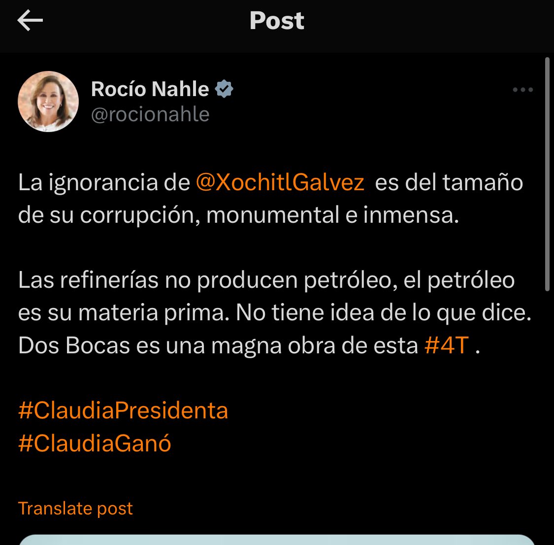 Estimada ex secre ⁦@rocionahle⁩ : Ignorancia es intentar construir una refinería sin planta de cogeneración. Corrupción es mentir y prometer plazo y costo sabiendo que ambos eran imposibles. Usted hizo ambas cosas. Calladita se ve más bonita.