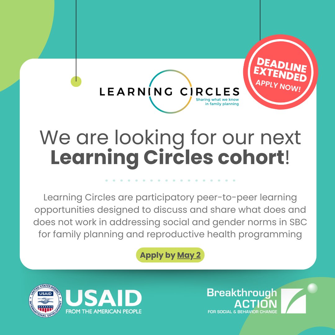 🌍 We invite you to apply today to be considered for Breakthrough ACTION Learning Circles, which focus on addressing social and gender norms in SBC for family planning/reproductive health programming in East and Southern Africa. Apply by May 2! bit.ly/441k8Yf @USAID