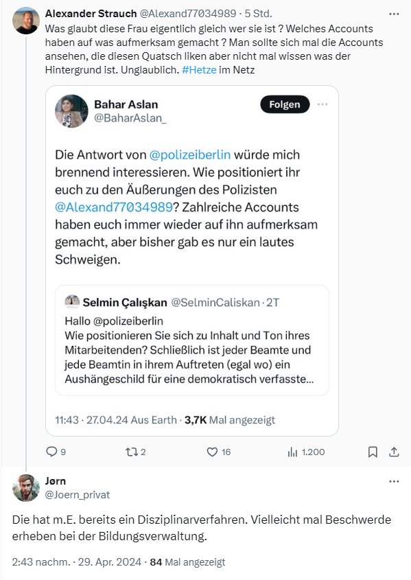 Der Polizist @Joern_privat droht hier öffentlich mit einer Beschwerde und glaubt zu wissen,dass ich aktuell ein Disziplinarverfahren am laufen hätte. Woher?Ich habe ihm bereits gesagt, dass ich mich belästigt fühle und er mich in Ruhe lassen soll. @polizeiberlin @Innensenatorin