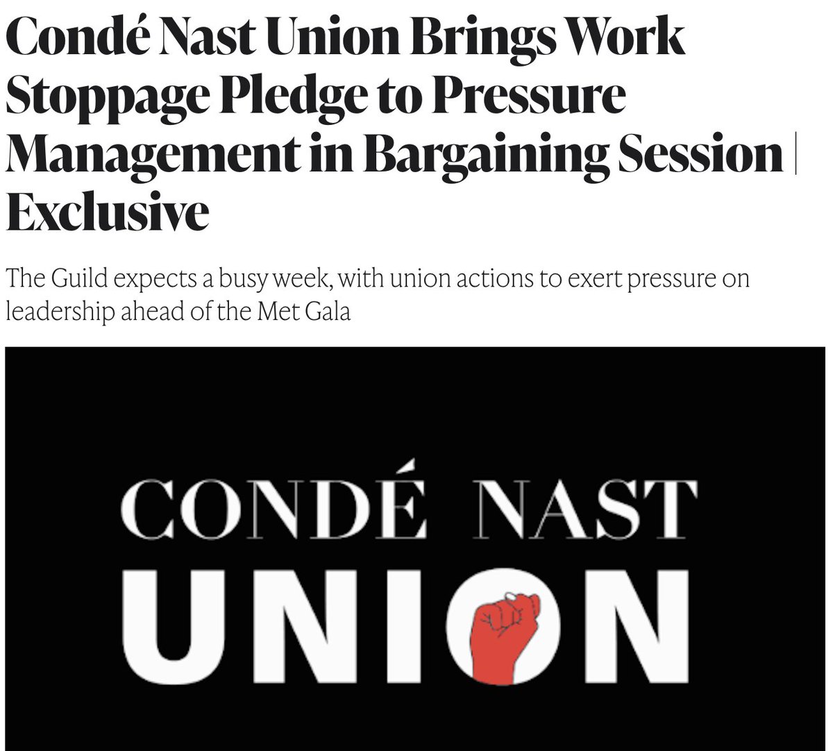 our company is focused on the Met Gala while union negotiations over layoffs have slowed to (that classic adage) 'a glacial pace' — so we're reminding y'all who does the work that makes things like the Met Gala possible: the workers of @condeunion 👀❤️‍🔥💪 more to COME