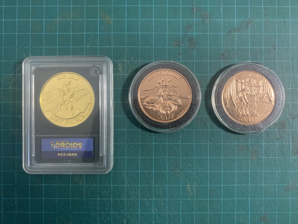 1984 Kenner Star Wars Droids & Ewoks Coins (3x) Includes Coin-Slab/holder and custom label (as shown) FOR SALE - $75🇺🇸US / $102🇨🇦CAD. • Ewoks Dulok Shaman • Ewoks Dulok King gorneesh • Droids Kez Iban •Prices do not include shipping.