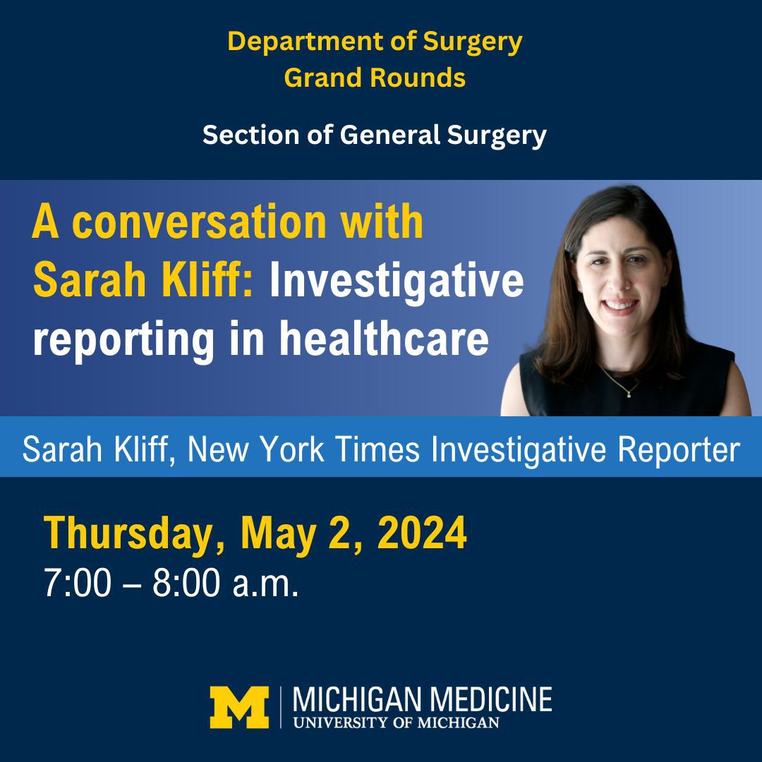 And now for something completely different for Grand Rounds! We're excited to welcome Sarah Kliff (@sarahkliff) to learn more about investigative reporting in healthcare. Location: Med Sci II – 3699 South Lecture Hall