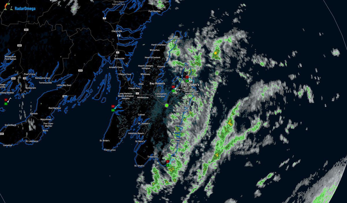 More showers are inbound and have just arrived on the Southern Shore / East Coast. Some of these are briefly heavy. On a + note, the fog has gotten much less dense. #nlwx