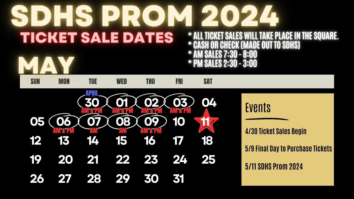 Prom season has officially begun! Ticket sales begin tomorrow, in the square. AM sales 7:30-8￼ PM sales 2:30-3 Final day to purchase tickets is May 9. ￼