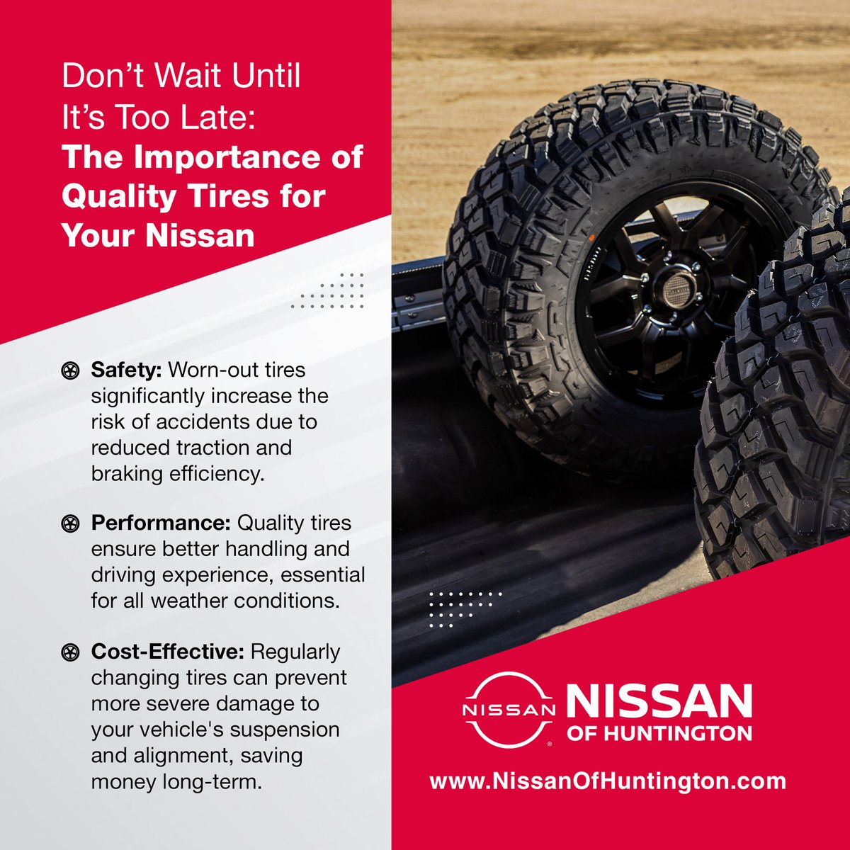 🚙🌞🛣 Is it time to upgrade the tires on your #Nissan? Ensure a smooth ride and make the most of beautiful days with our top-quality tire selections. Visit Nissan of Huntington for your upgrade today!

🌐 NissanOfHuntington.com

#LongIsland #NassauCounty #NewYork #Nissan #NY