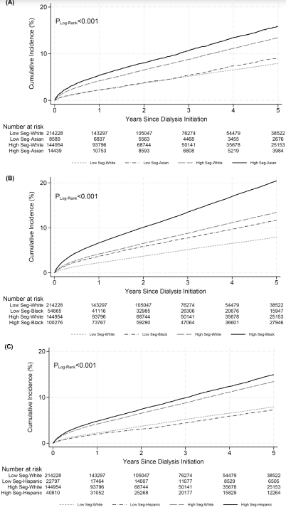 Dementia disproportionately impacts older minoritized adults with kidney failure. This study found residing in or receiving care at dialysis facilities in high-segregation neighborhoods was linked to higher risk of dementia diagnosis bit.ly/JASN0359 @DrDeidraCrews