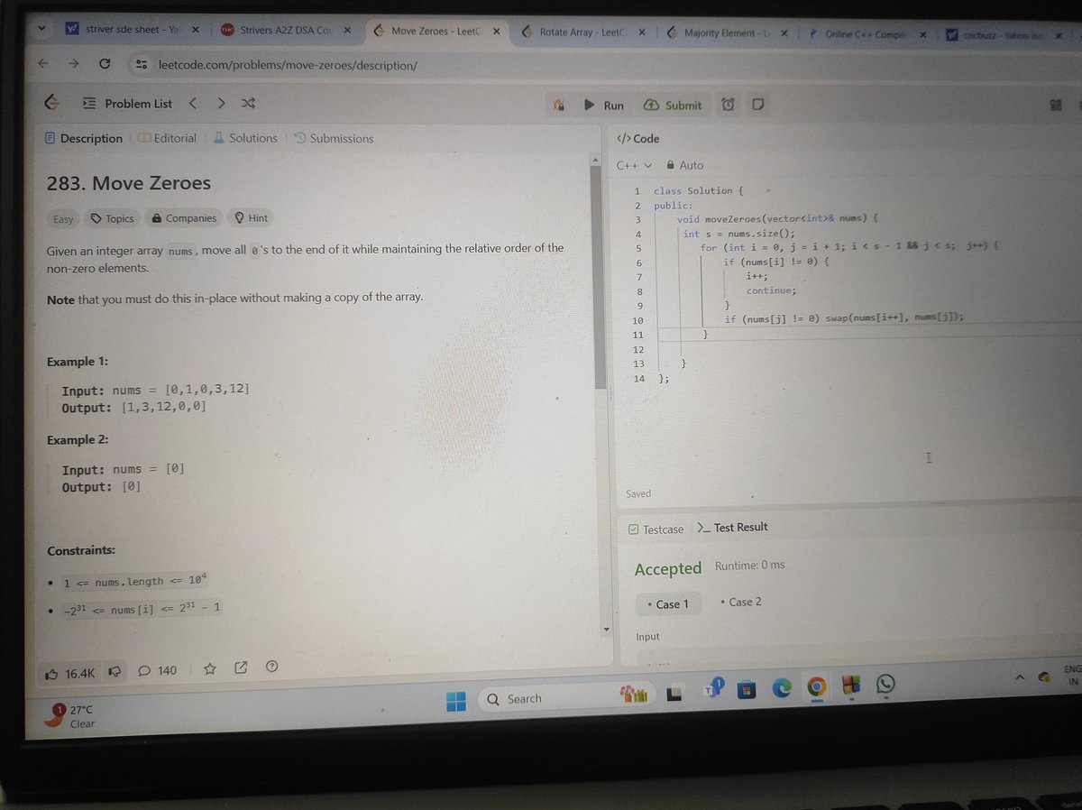 Deepakg57171715's tweet photo. Day 20 of #365daycoding
Today solve problem on Leetcode.
Problem Statement:- Move zeroes(283).
#leetcode #LearnInPublic #coding https://t.co/5QzHezijQh