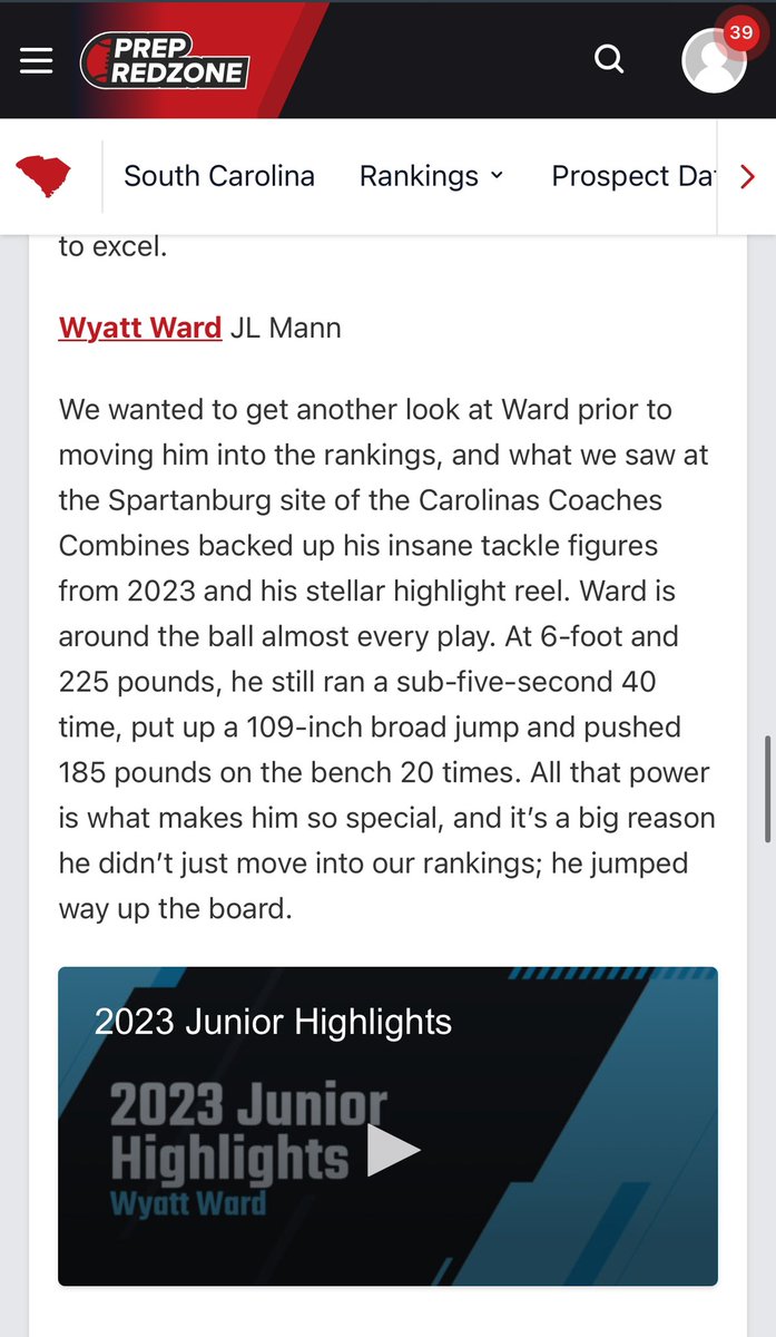 Extremely blessed to be ranked as one of the top LBs in the State , thank you @PrepRedzoneSC for the write-up. @mann_football @CoachWatson_48 @iguerin