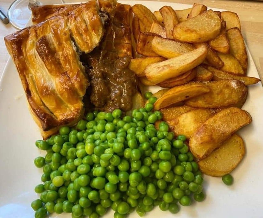 Steak Slice, Chips and Peas