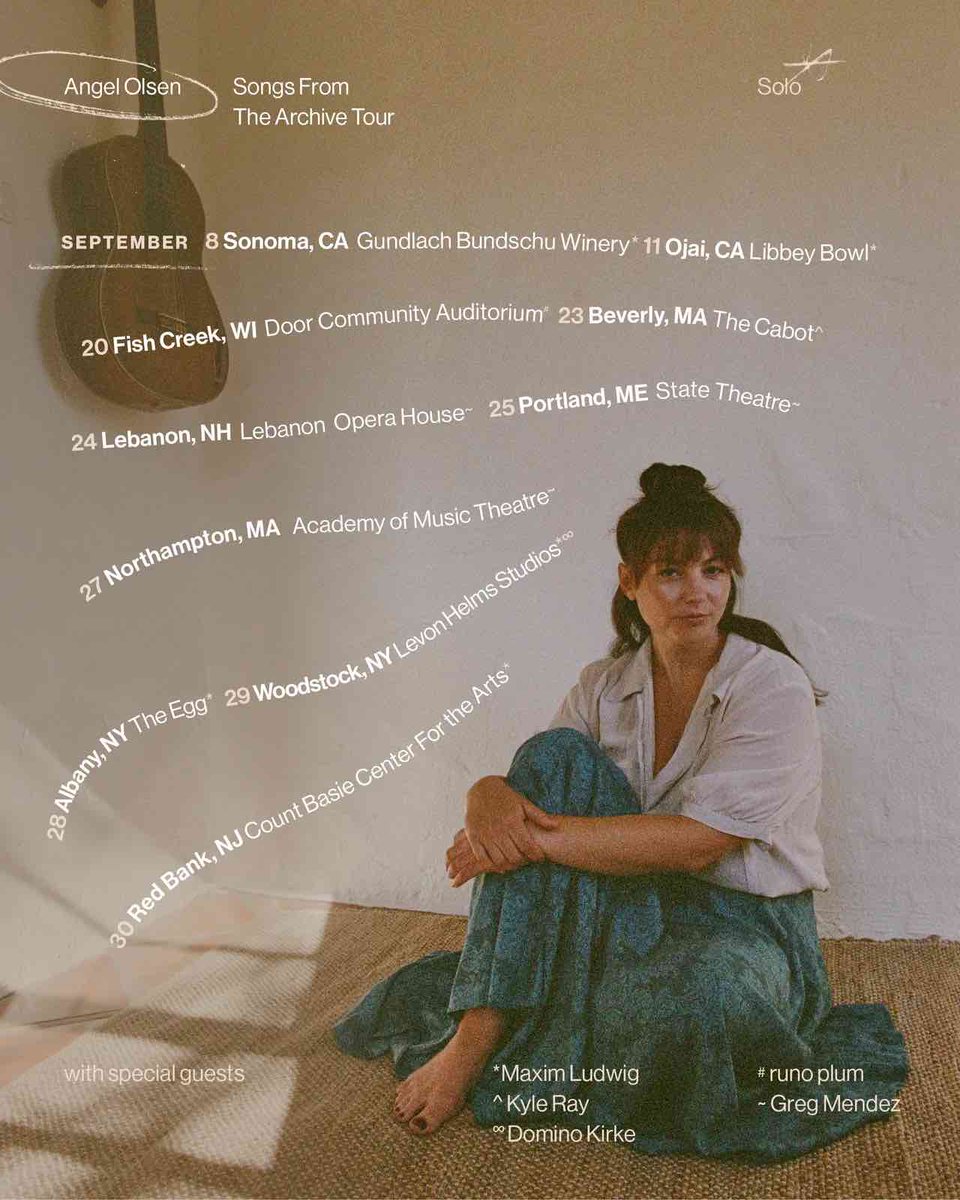 We’re looking forward to looking back with @AngelOlsen  on her upcoming Songs From The Archive tour📍

Angel will play 10 different cities during September, performing solo and playing deep cuts from across her 6-album discography.

Tickets on sale now: angelolsen.com/#tour