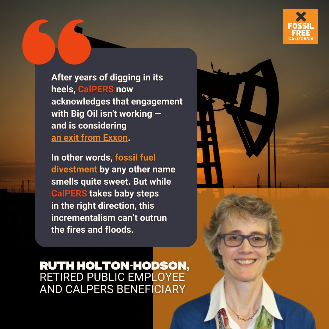 If CalPERS picks up the pace, it *could* lead the transition & send a message that exiting fossil fuels is not only fiduciarily responsible, but will help protect the planet for current + future members. Read Ruth's full CalMatters Op-Ed: calmatters.org/commentary/202…