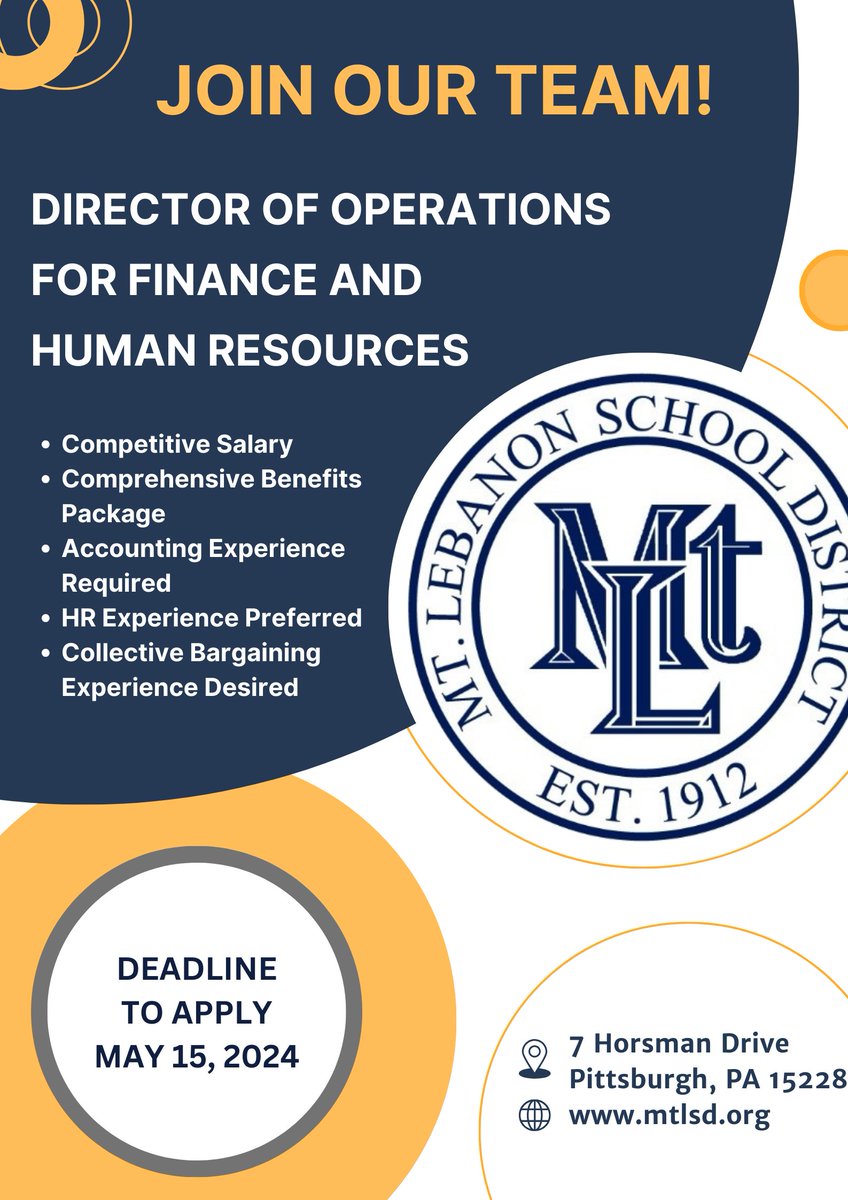 Apply to join our team! Mt. Lebanon School District is accepting applications for Director of Operations. For more information and to apply, visit: applitrack.com/mtlsd/onlineap…
