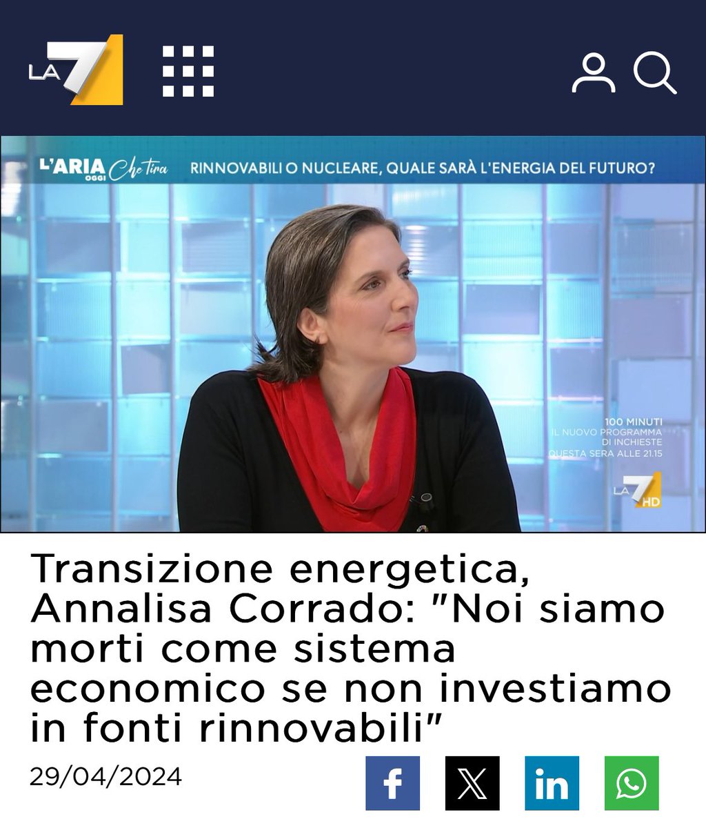 Stamattina a L’@Ariachetira  ho parlato di politiche europee x il rilancio dell’economia e dell’industria, x l’aumento del potere di acquisto delle famiglie e la competitività delle imprese, a partire dal contrasto alla #crisiclimatica 
#GreenDeal
👇🏻👇🏻👇🏻
la7.it/laria-che-tira…