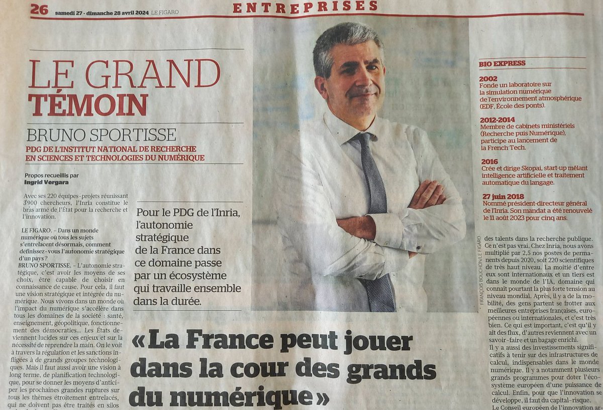 [#Medias📰] 'La France peut jouer dans la cour des grands du numérique'. Une interview de @bsportisse, PDG d'@Inria par @vergara_i à retrouver dans @Le_Figaro de ce week end