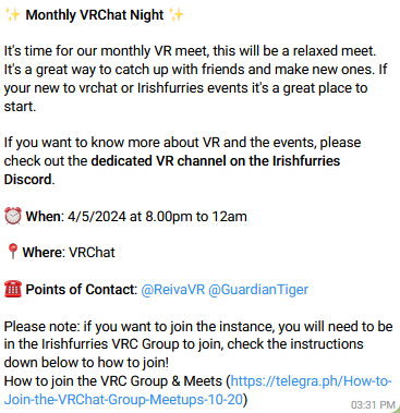 ✨ Monthly VRChat Night ✨ It's time for our monthly VR meet, details below! ⏰When: 4/5/2024 at 8.00pm to 12am 📍Where: VRChat ☎️ Points of Contact: @ReivaVR, @Guardian__Tiger How to join the VRC Group & Meets (telegra.ph/How-to-Join-th…)
