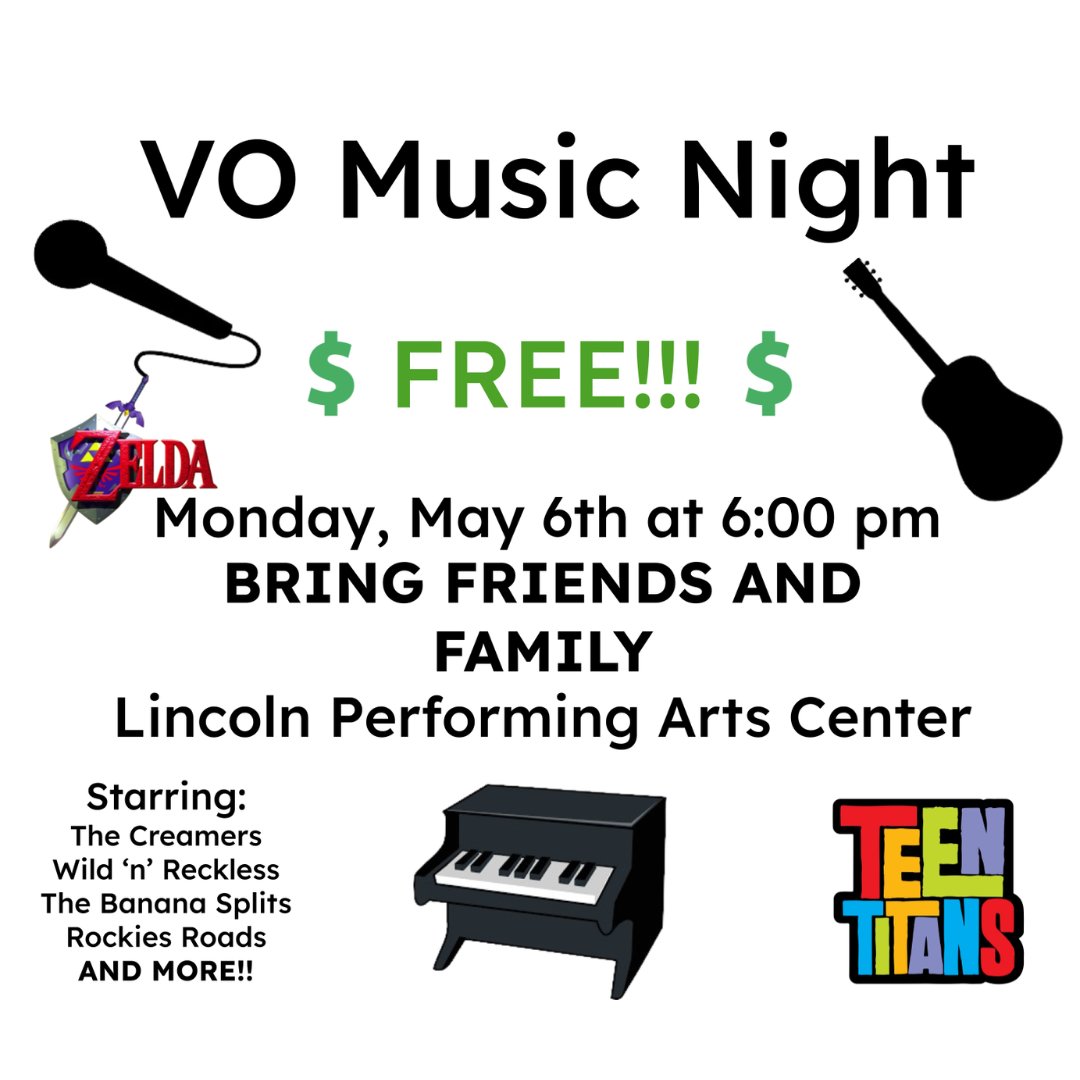 Next week, the Vikings bring their musical skills to Lincoln High School! VO Music Night starts Monday, May 6th, at 6:00 pm in the Lincoln Performing Arts Center. You are invited to bring friends and the whole family to this showcase of our students' and staff's many talents!