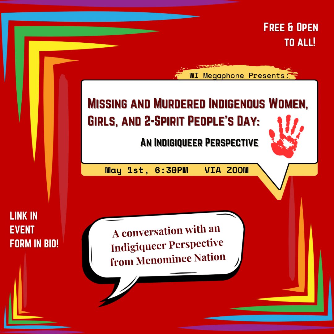 WEDNESDAY: Missing and Murdered Indigenous Women, Girls, and 2-Spirit People IS A WISCONSIN ISSUE! Join us on May 1st at 6:30PM to hear from a speaker who identifies as a 2-Spirit and an Indigiqueer person to hear their perspective on this day🗣️ SIGN UP at the link in bio!