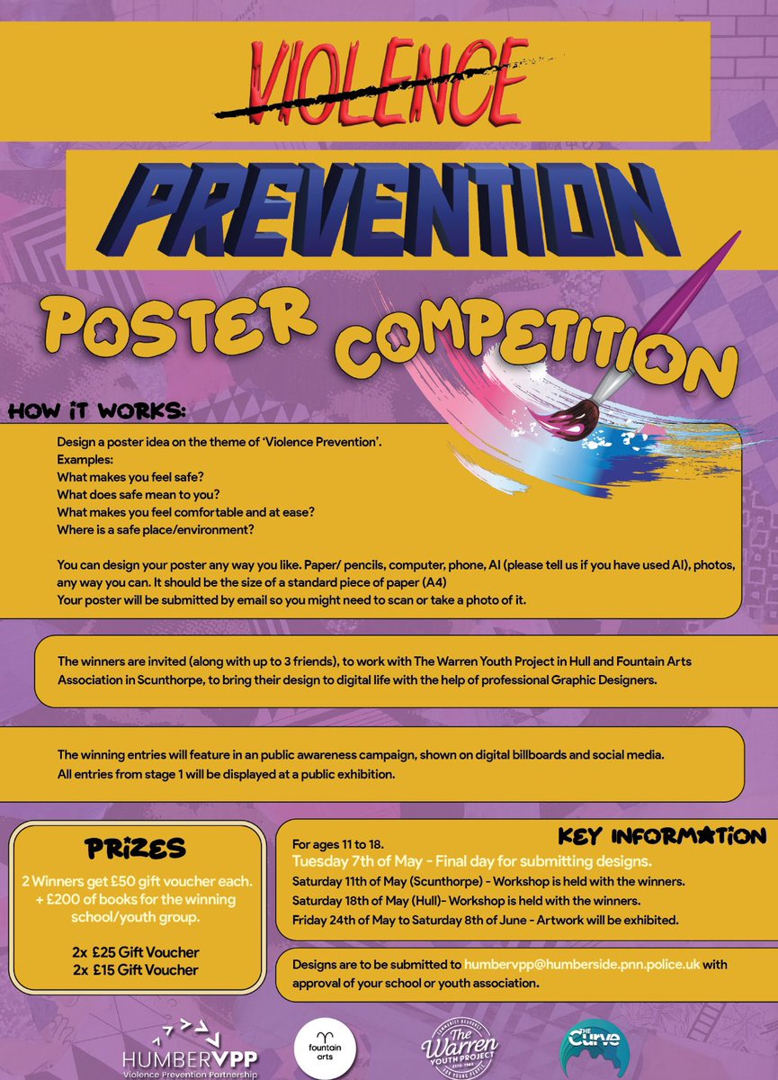 The Humber VPP is calling all young creatives aged 11-18 to share their perspectives on violence prevention through creative media! 🎨Show us what it means to you before entries close on May 7th. Let's amplify youth voices for a safer community! #ViolencePrevention