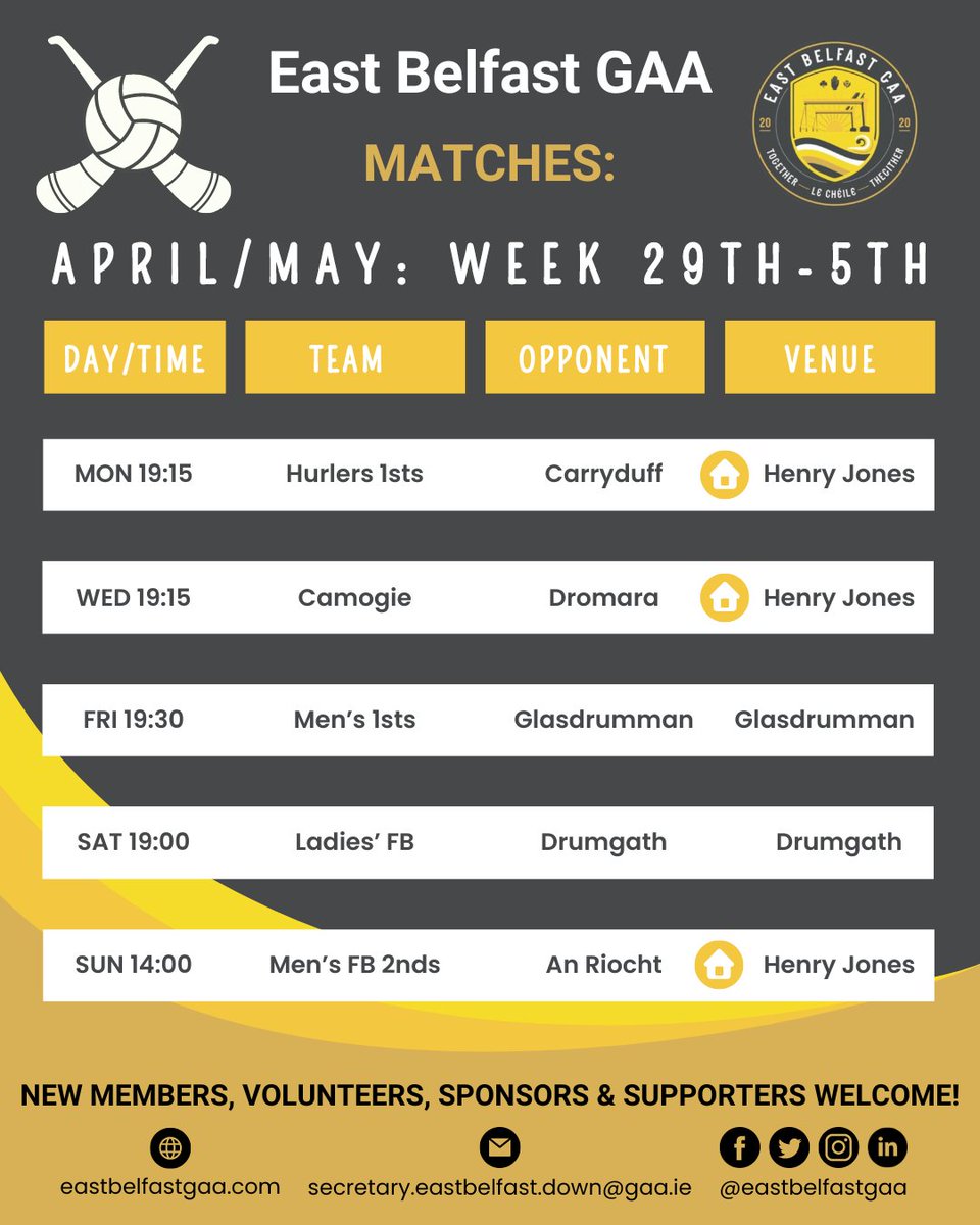 ⚫️🟡 This Week’s Matches 🟡⚫️ Experience the excitement live, and support your club at every match! Can’t make a match yet want to support? Sponsor a ball! tinyurl.com/BallSponsorEBG… As always we wish all players and the management team good luck! #Together #LeChéile #Thegither
