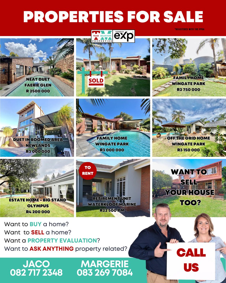 ⚠ ⁉𝐋𝐎𝐎𝐊𝐈𝐍𝐆 𝐅𝐎𝐑 𝐀 𝐏𝐑𝐎𝐏𝐄𝐑𝐓𝐘?⁉ ⚠
We have a variety for you to make it your home🏡            👀CALL US TO VIEW!👀
☎ 𝓙𝓪𝓬𝓸 082 717 2348
☎ 𝓜𝓪𝓻𝓰𝓮𝓻𝓲𝓮 083 269 7084
#propertiesforsale #eiendomtekoop #pretoriaeast  #realestateagent #sellinghomes #forsale