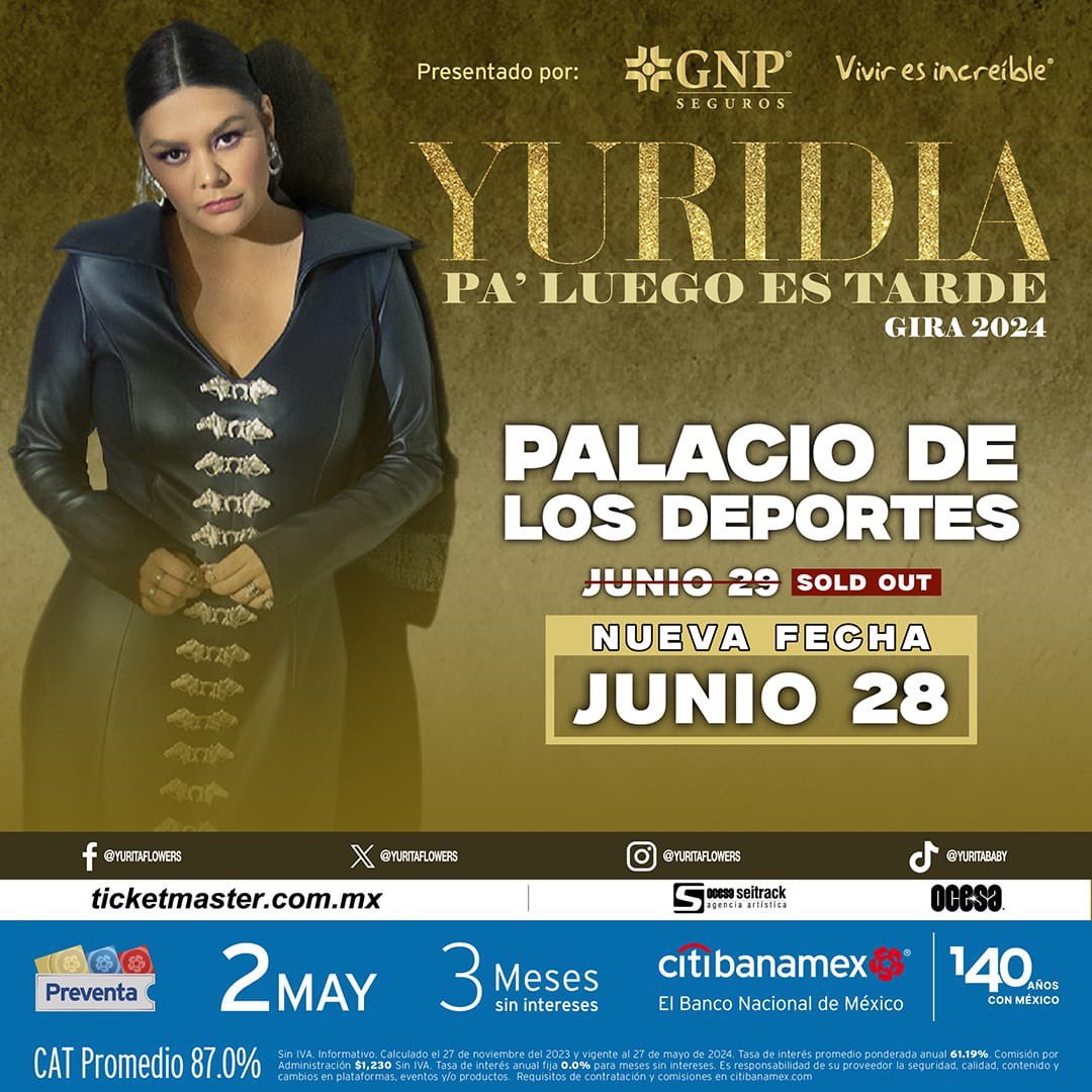 Yuridia @yuritaflowers se convierte en la Mexicana en MÁS rápido vender todos los boletos en el Palacio de los Deportes , logró el Sold out en 17 días, esto con una gira en Solitario 🇲🇽❤️

Se abre nueva fecha el 28 de Junio del 2024