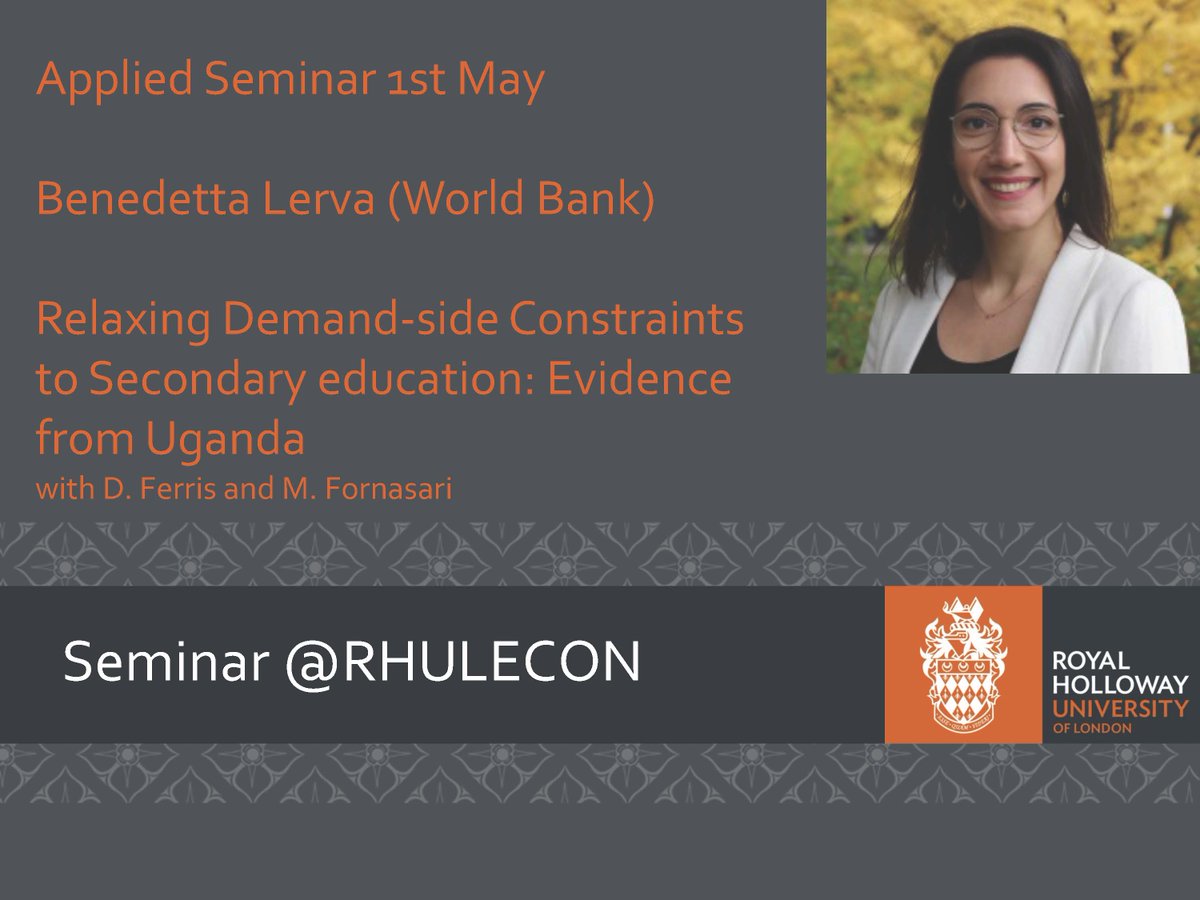 Royal Holloway Economics Department (@rhulecon) on Twitter photo We are happy to welcome Benedetta Lerva (World Bank) to the Applied Seminar <a href="/RHULECON/">Royal Holloway Economics Department</a>
⏰ 01/05/2024 (13:30 – 15.00)
🏢 Horton 321
👉 Relaxing Demand-Side Constraints to Secondary Education: Evidence from Uganda
#EconTwitter #research #university #rhul #royalholloway <a href="/b_lerva/">Benedetta Lerva</a> We are happy to welcome Benedetta Lerva (World Bank) to the Applied Seminar <a href="/RHULECON/">Royal Holloway Economics Department</a>
⏰ 01/05/2024 (13:30 – 15.00)
🏢 Horton 321
👉 Relaxing Demand-Side Constraints to Secondary Education: Evidence from Uganda
#EconTwitter #research #university #rhul #royalholloway <a href="/b_lerva/">Benedetta Lerva</a>