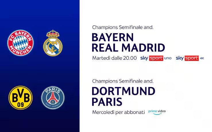 UEFA Champions League 2023/2024: l’andata delle semifinali su #SkySport, NOW, Mediaset e #PrimeVideoIT

#BayernReal #championsleague #skyucl #canale5 #dortmundPSG

ℹ️ t.me/SportInTV/7307