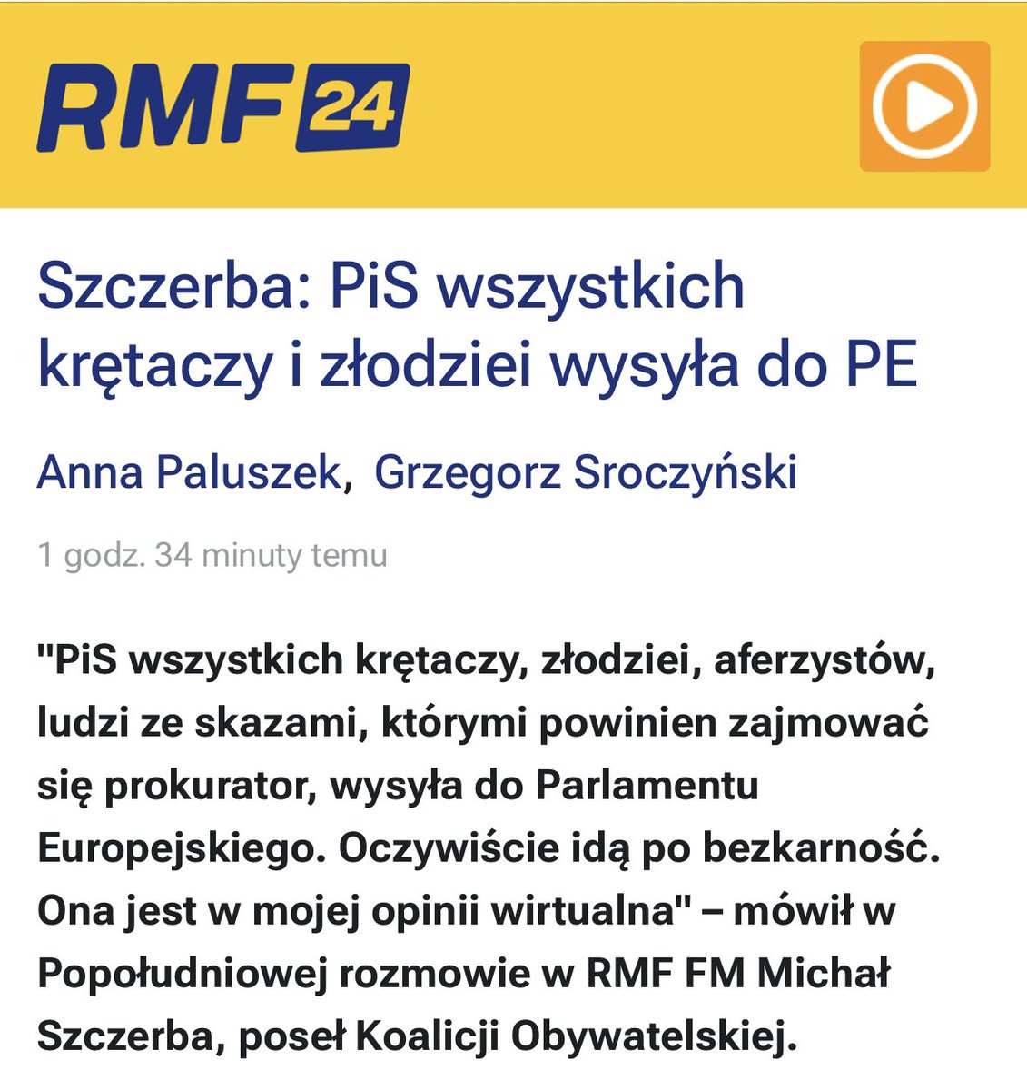 PiS wszystkich krętaczy, złodziei, aferzystów, ludzi ze skazami, którymi powinien zajmować się prokurator, wysyła do Parlamentu Europejskiego. Oczywiście idą po bezkarność! rmf24.pl/tylko-w-rmf24/…