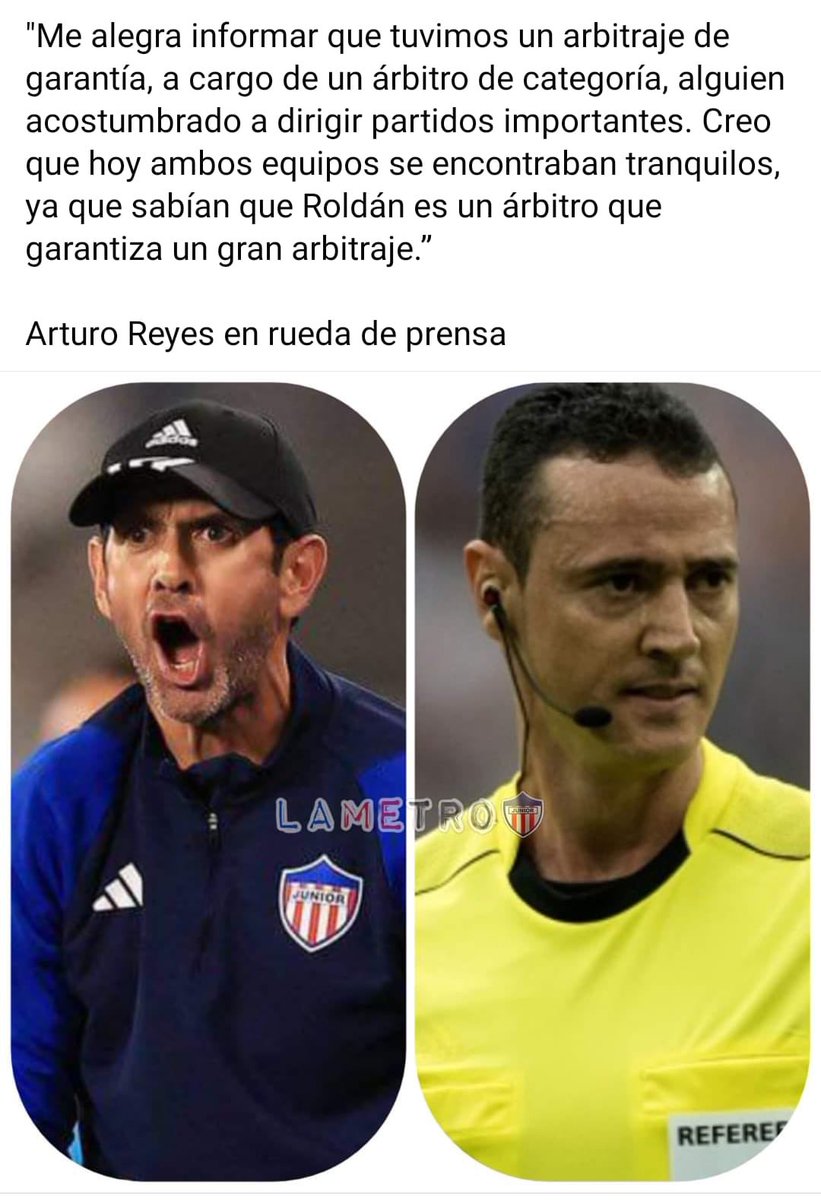 Ésta declaración del profesor, Arturo Reyes, DT de ⁦@JuniorClubSA, le cae bien al FPC. 
No todo debe ser crítica mordaz y atrevida.
Elogiar un arbitraje reconforta y ennoblece.
Por un futbol colombiano cada día mejor.
⁦@Dimayor⁩ ⁦@FCF_Oficial⁩ ⁦@acolfutpro⁩