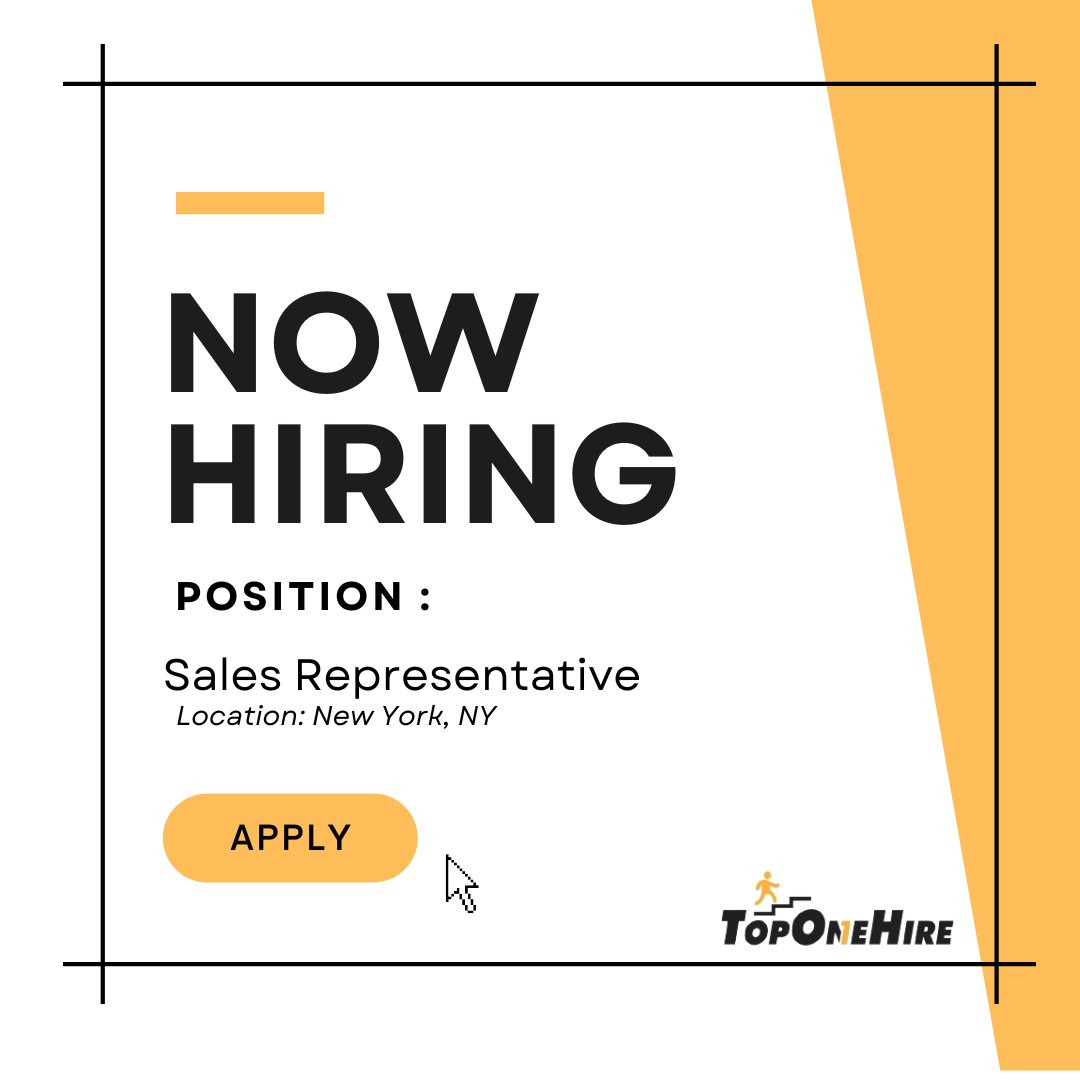 HOT JOB ALERT 🔥 𝐒𝐚𝐥𝐞𝐬 𝐑𝐞𝐩𝐫𝐞𝐬𝐞𝐧𝐭𝐚𝐭𝐢𝐯𝐞

Location: New York, NY

Schedule: Full time, remote position

Learn more: toponehire.com/job/2487808/sa…

#SalesRepresentative #SalesCareers #NewYorkCity #TopOneHire #Hiring #RemoteJobs