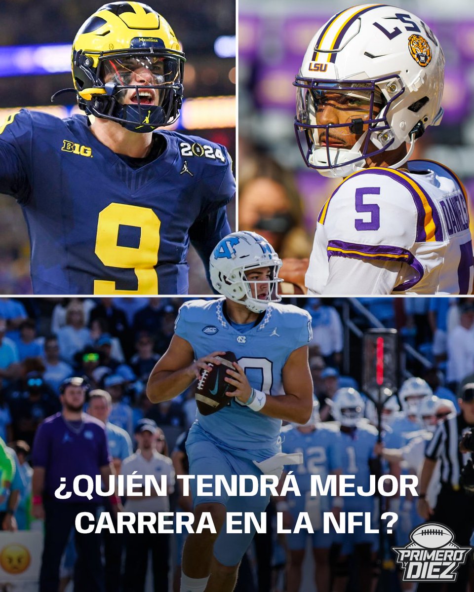 ¿Qué QB de primera ronda tendrá mejor carrera en la NFL? • J.J. McCarthy - Vikings • Jayden Daniels - Commanders • Drake Maye - Patriots