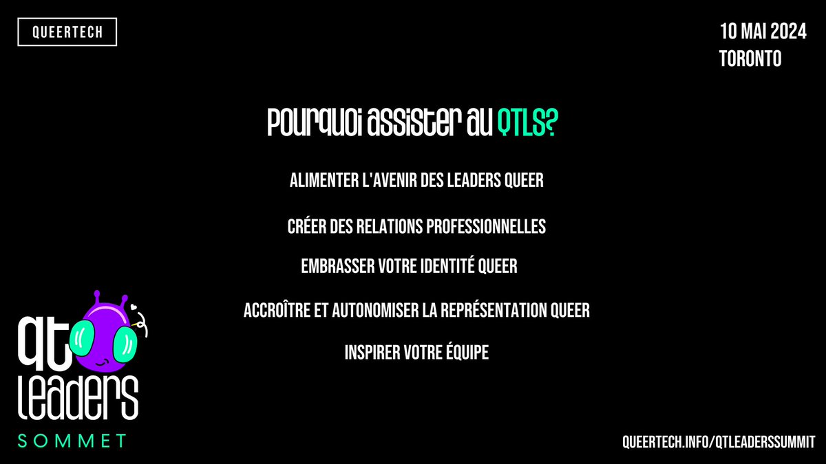 Pourquoi devriez-vous et votre équipe assister au #QTLS à Toronto le 10 mai? C'est une opportunité unique en son genre où Votre équipe apprendra des meilleurs, embrassera leur identité queer et inspirera la prochaine vague de leaders ➡️ hubs.ly/Q02vpfNf0