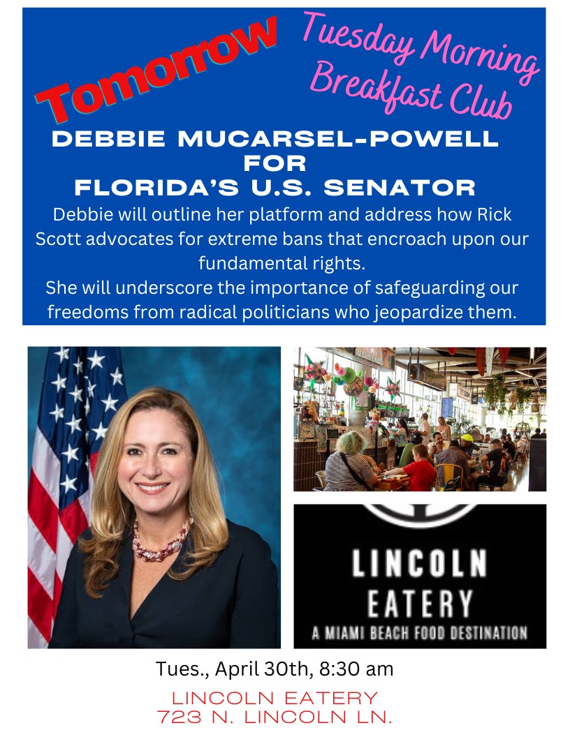 Come hear from U.S. Senate candidate @DebbieforFL at tomorrow, 8:30a at the Lincoln Eatery!
#vote #democrats #TakeBackFL